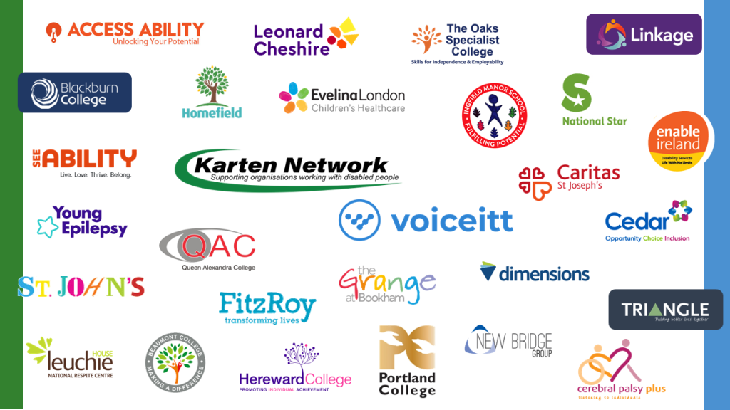 A collage of logos representing organisations involved in the Nuvoic Project: Karten Network, Voiceitt, AccessAbility, Beaumont College, Blackburn College, Caritas St Josephs, Cedar Foundation, Cerebral Palsy Plus, Dimensions, Enable Ireland, Evelina London, FitzRoy, The Grange, Hereward College, Homefield, Ingfield Manor, Leonard Cheshire, Leuchie House, Linkage, National Star, New Bridge Group, The Oaks Specialist College, Portland College, Queen Alexandra College, SeeAbility, St John's, Triangle Housing and Young Epilepsy